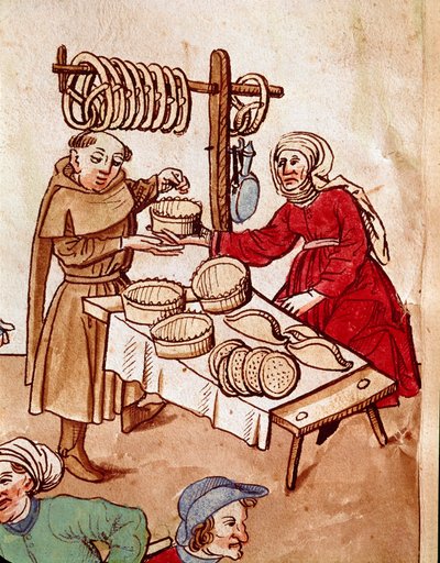 Handel: en brødhandler. Miniature fra "Krøniker fra Konciliet i Konstanz" af Ulrich Richental (1360-1437) 1438 ca. Prag, nationalbibliotek af German School