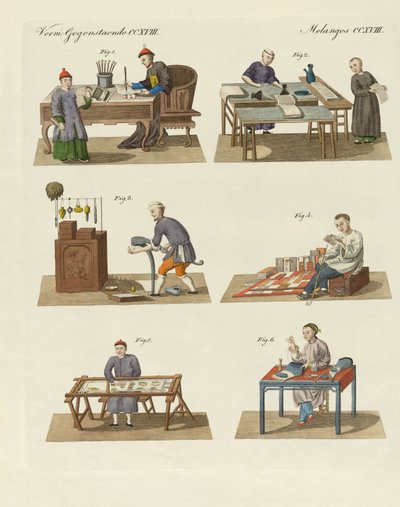 Handel, kunst og håndværk i Kina (farvet gravering) af German School