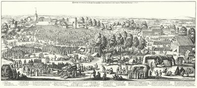 Rejsende, der besøger de helbredende kilder i landsbyen Hornhausen, 1646 (gravering) af German School