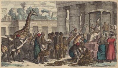 Hyldestoffer fra Etiopien bliver overrakt til Egyptens farao (farvegravering) af German School