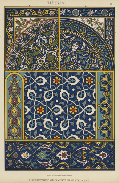 Tyrkiske, arkitektoniske ornamenter i glaseret ler (farve litho) af German School