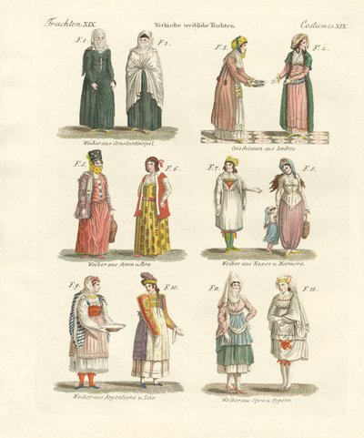 Tyrkiske nationaldragter (farvet gravering) af German School