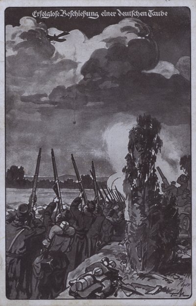 Mislykket forsøg på at skyde et tysk fly ned, Første Verdenskrig (litografi) af German School