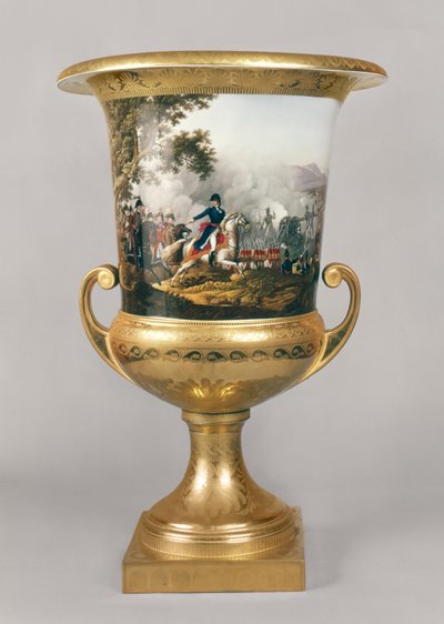 Urne forestillende hertugen af Wellington i en kampscene fra Preussian Dinner Service, Berlin, 1816-19 (porcelæn og forgyldt) af German School