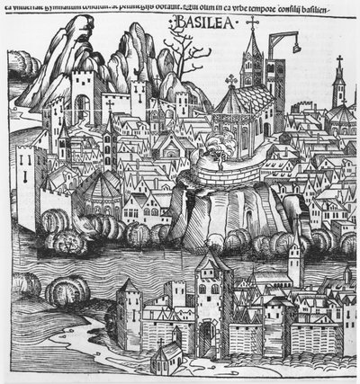 Udsigt over Basel, illustration fra Chronicle of Nurnberg af Hartmann Schedel (1440-1514) 1493 af German School