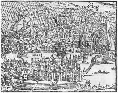 Udsigt over Zürich, fra Cosmographie Universelle af Sebastien Munster (1488-1552) Basel, udgivet 1559 af German School