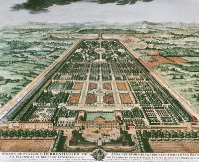 Udsigt over Herrenhausen Slots have, omkring 1708, farvetryk, Tyskland af German School