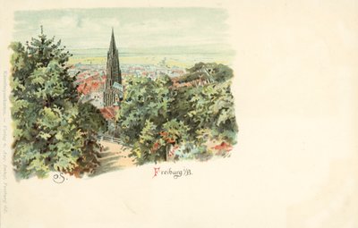 Udsigt over byen Freiburg, Tyskland, med dens katedral (chromolitho) af German School