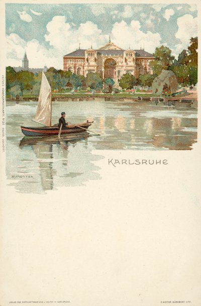 Udsigt over byen Karlsruhe i Tyskland (chromolitho) af German School