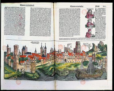 Udsigt over byen Köln, fra Nürnbergkrøniken af Hartmann Schedel, 1493 (træstik i farver) af German School