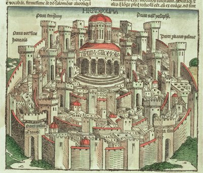 Udsigt over den befæstede by Jerusalem, der viser Salomons tempel og byportene, fra Nürnberg-krøniken af Hartmann Schedel (1440-1514) 1493 af German School