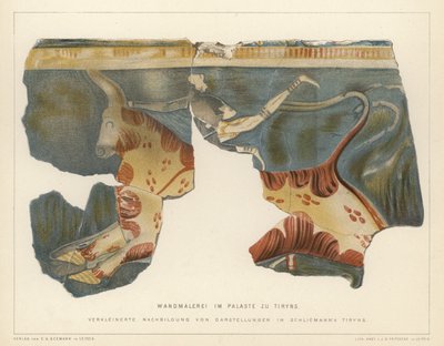 Vægmaleri fra det mykenske palads i Tiryns, Grækenland, udgravet af den tyske arkæolog Heinrich Schliemann (farve litho) af German School