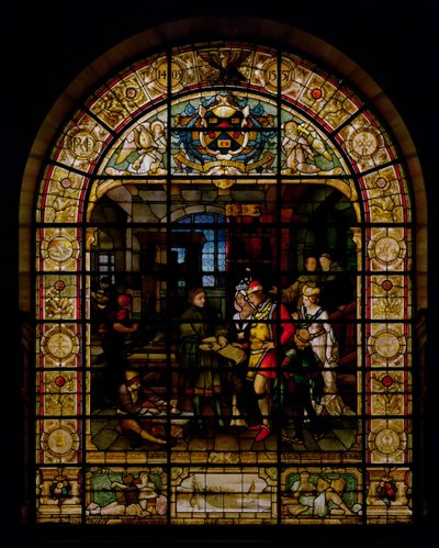 William Caxton viser sin første trykte bog til Edward IV og hans kone, Elizabeth Woodville i 1477, af Mayer og Co., München-baseret firma aktiv i London, ca. 1880 (mosaikvindue) af German School