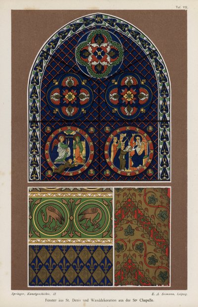 Vindue fra basilikaen St. Denis og vægdekoration fra Sainte-Chapelle, Paris, Frankrig (farve litho) af German School