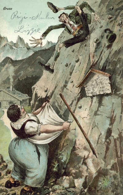 Kvinde fanger mand, der falder fra bjerg (farve litho) af German School