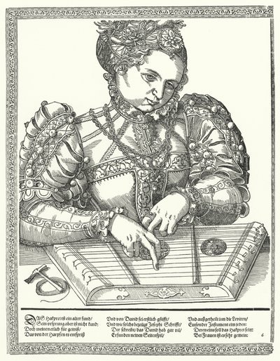 Kvinde spiller en citer (gravering) af German School