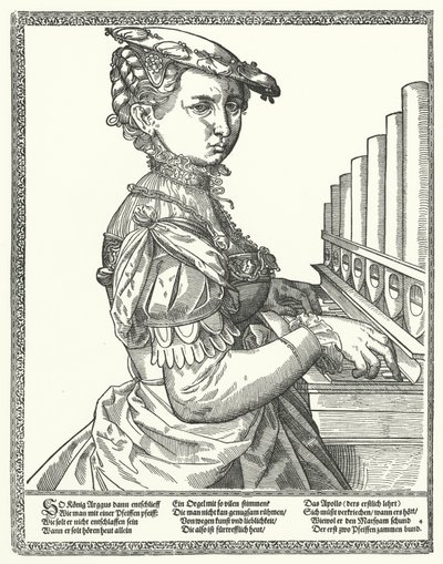 Kvinde spiller et orgel (gravering) af German School