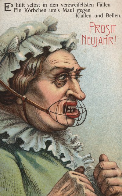 Kvinde med et bur om munden (farve litho) af German School