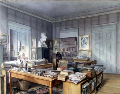 Wilhelm Grimms (1786 -1859) arbejdsværelse i Berlin, Linkstrasse 7. Stik af hr. Hoffmann. Nationalmuseum, Nürnberg. 1860. af German School