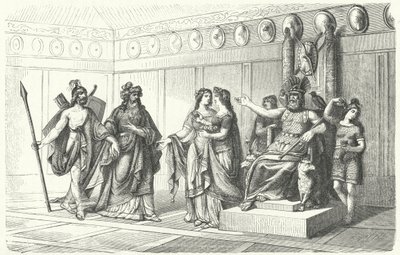 Wotan modtager musikerne introduceret af Bragi, guden for poesi og sang (gravering) af German School