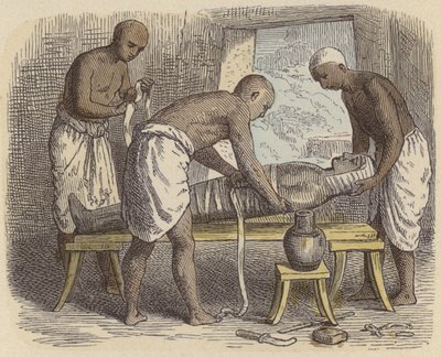 Indpakning af en mumie i det gamle Egypten (farvet indgravering) af German School