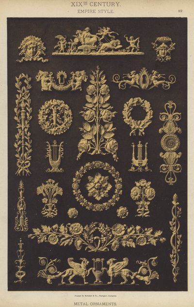 19. århundrede, Empire Style, Metal Ornamenter (farve litho) af German School