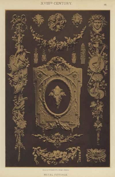 XVIII. århundrede, metalbeslag (farve litho) af German School