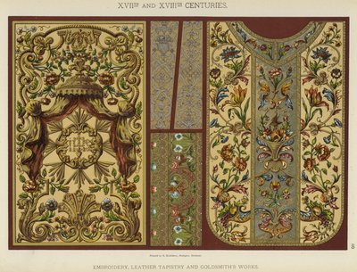 XVII. og XVIII. århundrede, broderi, lædertapistry og guldsmedeværker (farve litho) af German School