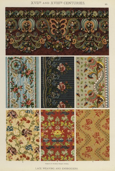 XVII. og XVIII. århundrede, blondevævning og -broderi (farve litho) af German School