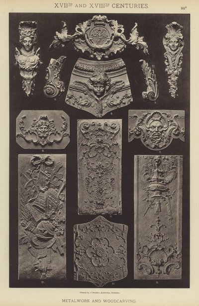 XVII. og XVIII. århundrede, metalarbejde og træskærerarbejde (farve litho) af German School