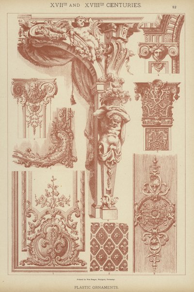 XVII. og XVIII. århundrede, plastik ornamenter (farve litho) af German School
