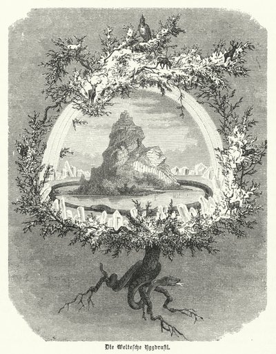 Yggdrasil, mytisk asketræ fra nordisk kosmologi (gravering) af German School