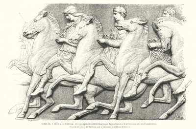 Unge athenske ryttere, kopi af en del af Parthenon-frisen fra Athen, det antikke Grækenland (litho) af German School
