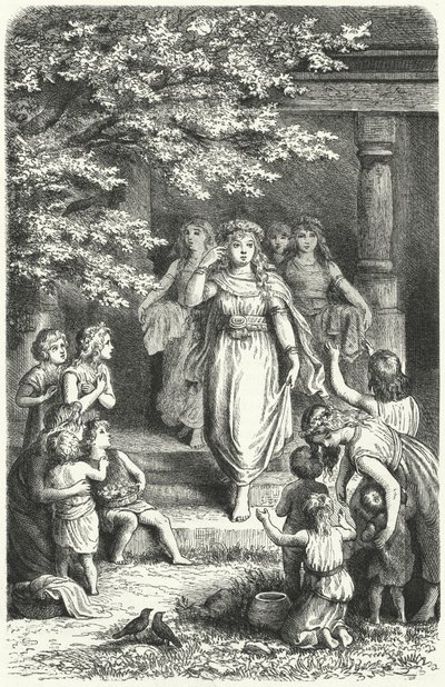 Unge tyske kvinder bærer kranse for at fejre festivalen Eostre (Ostara) (gravering) af German School
