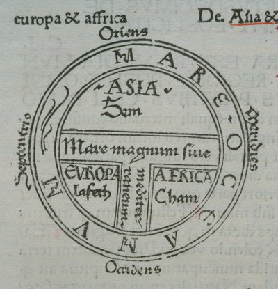 f.177v T-in-O kort, med bogtryk stednavne, fra Isidore af Sevilla, Liber Etimologiarvm af German School