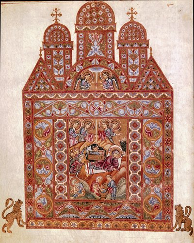Nativite Miniature af Codex of Egbert (Codex Egberti) af skolen i Reichenau. 980 ca. Cividale del Friuli, Arkæologisk Museum eller Cathedrale de Cividale af German School