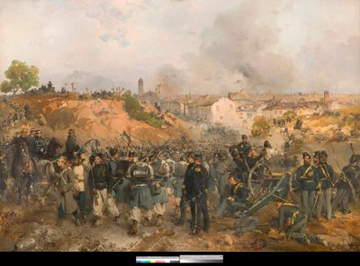 Risorgimento, Anden italienske uafhængighedskrig: Slaget ved Palestro den 30. maj 1859 mellem det østrigske imperium og de kombinerede styrker fra kongeriget Sardinien-Piemont og Frankrig Maleri af Gerolamo Induno (1825-1890) 1860 Privat samling af Gerolamo Induno