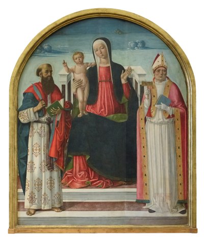 Madonna og barn med helgenerne Bartholomæus og Blaise, ca. 1510-15 (panel) af Gerolamo di Benvenuto