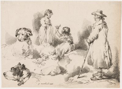 Studier af børn, to små piger, to hunde, en mand, 1793. af Gerrard Street J. Harris Soho
