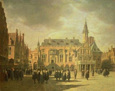 Udsigt over rådhuset på markedspladsen i Haarlem af Gerrit Adriaensz Berckheyde