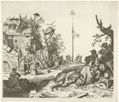 Hvilende romafamilie foran en forfalden kro af Gerrit Adriaensz. de Heer