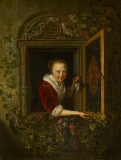 En pige med en klase vindruer ved et vindue af Gerrit Dou