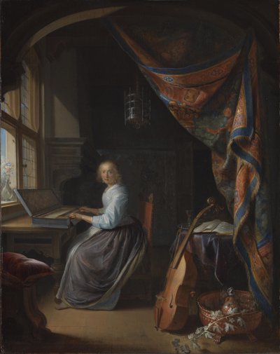 En dame, der spiller clavichord. af Gerrit Dou