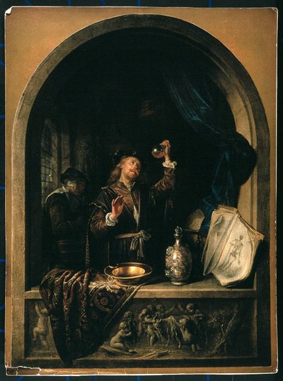 En læge undersøger en urinprøve fra en ældre kvinde. af Gerrit Dou