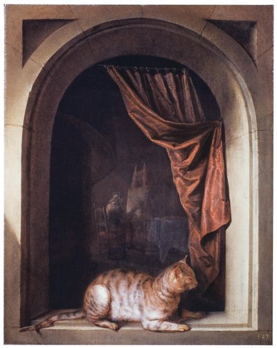 Kat på en afsats af Gerrit Dou