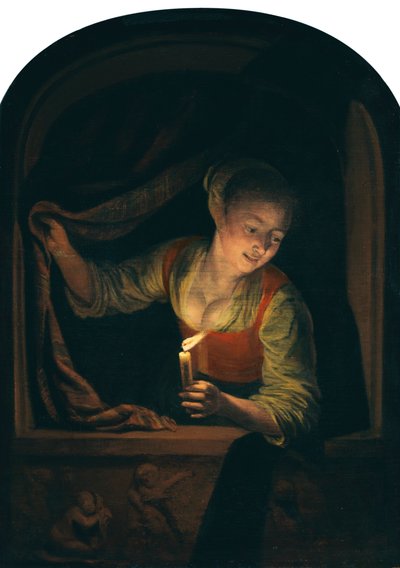 Hollandsk: Ung kvinde med tændt stearinlys ved et vindue af Gerrit Dou