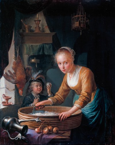 Fransk: Jeune fille hachant des oignons Pige, der hakker løg af Gerrit Dou