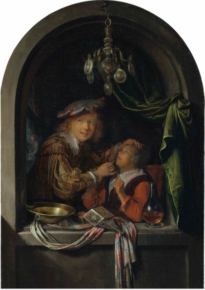 Tysk: Der Zahnarzt En barberkirurg, der undersøger en pige af Gerrit Dou