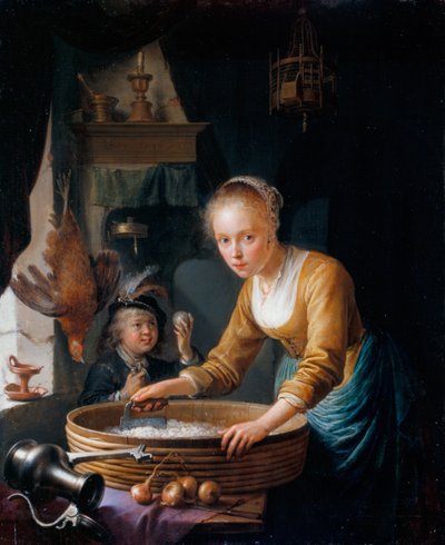Pige hakker løg af Gerrit Dou