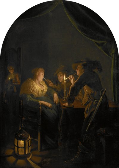 Sovende kvinde drillet af to soldater af Gerrit Dou